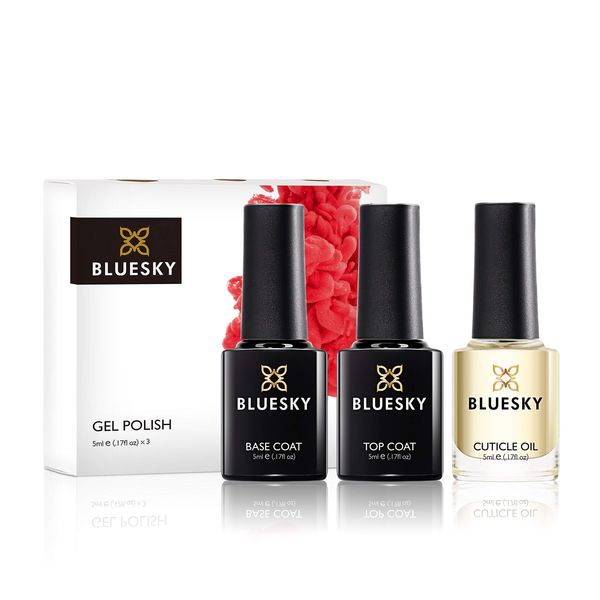 Bluesky Gel Nail Polish Set, Top Coat and Base Coat with Cuticle Oil. 3 x 5ml. Top and Base (Requires curing under UV/LED Lamp)