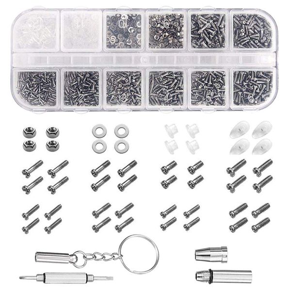 SeonFook 1100pcs Eyeglass Screws Screws Set Flat Washers Stainless Steel Elbow Tweezers Stainless Steel Universal Screwdriver Repair Tool Replacement Glasses Sunglasses Screws