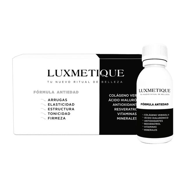 Luxmetique Formula Antiedad nutricosmetic in drinkable vials for Skin Care and Rejuvenation; Based on Hydrolyzed Verisol (R) Collagen, Hyaluronic Acid. 450 ml - 15 vials of 30 ml