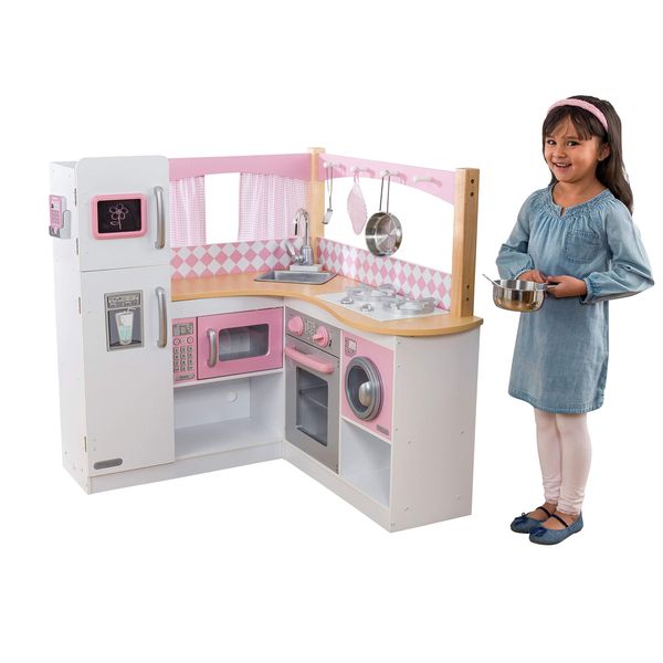 KidKraft Grand Gourmet Corner Wooden Play Kitchen with Washer, Chalkboard, Curtains and 4 Accessories, Gift for Ages 3+