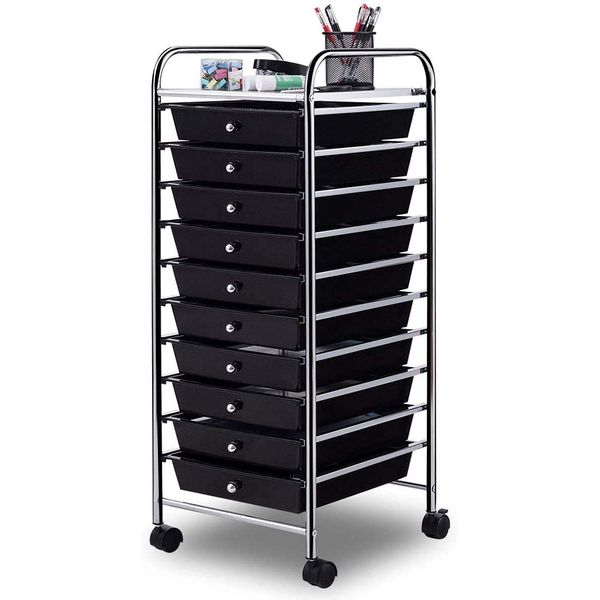 ReunionG 10-Drawer Rolling Storage Cart, Black, 15"D x 11.5"W x 2.5"H