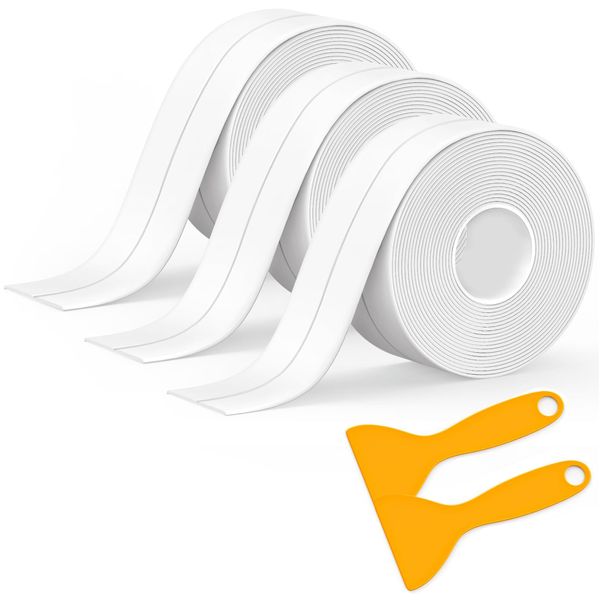 3 Rolls Bath Sealant Strip Self Adhesive, Caulk Strip Sealant Tape, Bathroom Sealant White Waterproof, Simple Seal Tape for Toilet, Bathtub, Shower, Wall Corner, Kitchen with 2 pcs Sealing Tools