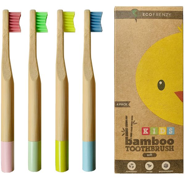 EcoFrenzy - Kids Bamboo Toothbrush - Child Size Soft BPA Free Color Safe Bristles (4 Pack)
