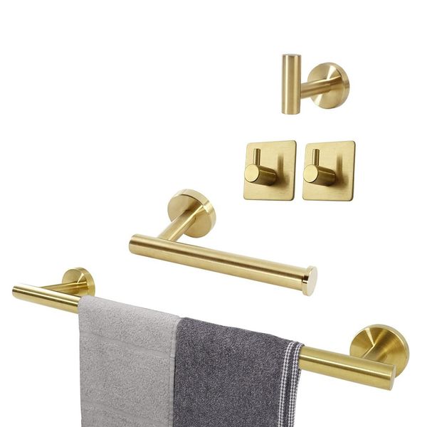 TocTen 5 PCS Bathroom Hardware Set SUS304 Stainless Steel-Towel Rack Set Include Lengthen Hand Towel Bar+Toilet Paper Holder+3 Robe Towel Hooks Bathroom Accessories Towel Bar Set (Brushed Gold, 24IN)