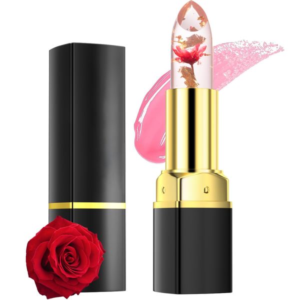 Crystal Flower Jelly Lipstick, Moisturizer Lip Balm Temperature Color Change Lipstick, Crystal PH Temperature Jelly Lipstick, Magic Color Change Temperature Lip Makeup（pink-1）