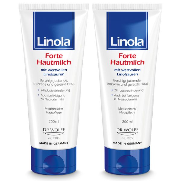 Linola Forte Hautmilch - 2 x 200 ml | Intensiv pflegende Creme gegen Juckreiz mit 24h Wirkung | Bodylotion für trockene, gereizte oder zu Neurodermitis neigende Haut | hilft ab der ersten Anwendung