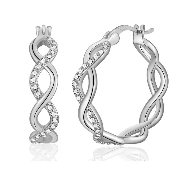 Sterling Silver Hoop Earrings for Women Girls, Twisted Linear Cubic Zirconia Silver Hoops, Hypoallergenic Huggies Hoop Earrings Jewellery Gifts for Birthday Wedding