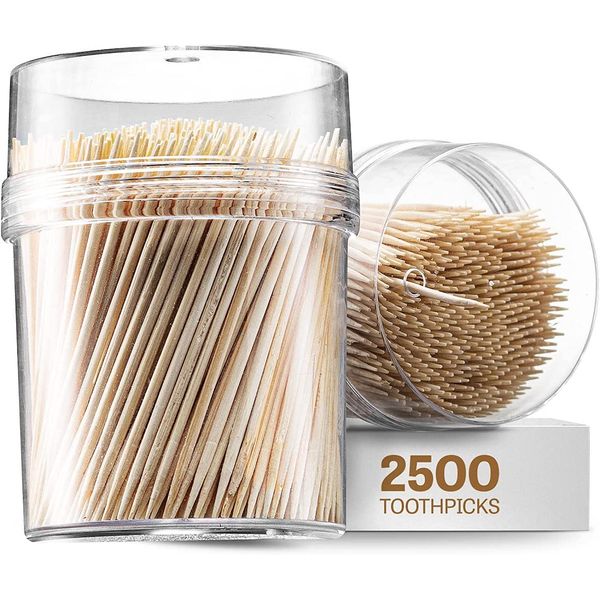 Prestee 2500ct Wooden Toothpicks + Reusable Toothpick Container, Light Wood - Sturdy Smooth Finish Bamboo Tooth Picks for Teeth, Party Cocktail Picks, Toothpicks Wood for Appetizers, 100% Natural