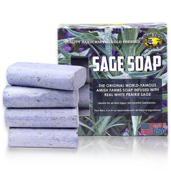 Amish Farms Natural Soap Bar (4 Bars) With Exfoliating Sage, Clean Lavender Scent, Made in USA - Homemade, Handcut, Vegan Face & Body Soap Scrub for Sensitive Skin - No Paraben or SLS