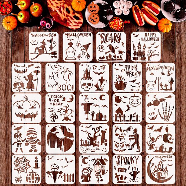 MWOOT 24 Stück Halloween Thema Schablonen Stencils Set, Wiederverwendbares Malerei Vorlage Bemalen Zubehör, DIY Geist Kürbis Schablone zum Malen an der Wand Scrapbooking Party Dekoration(15x15cm)