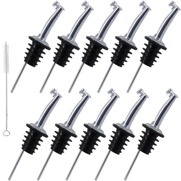 Set of 10 Pourers 304 Stainless Steel Free Pourers with Lids for Wine, Whiskey, Beer, Oil, Bottle, Wine, Pourer, Commercial Use (Food Hygiene Tested), Cleaning Brush Included