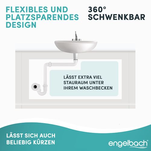 Engelbach® Space-saving siphon for washbasin, siphon 1 1/4 inch x 32 mm, space-saving siphon washbasin with video instructions (English language not guaranteed), made in Germany