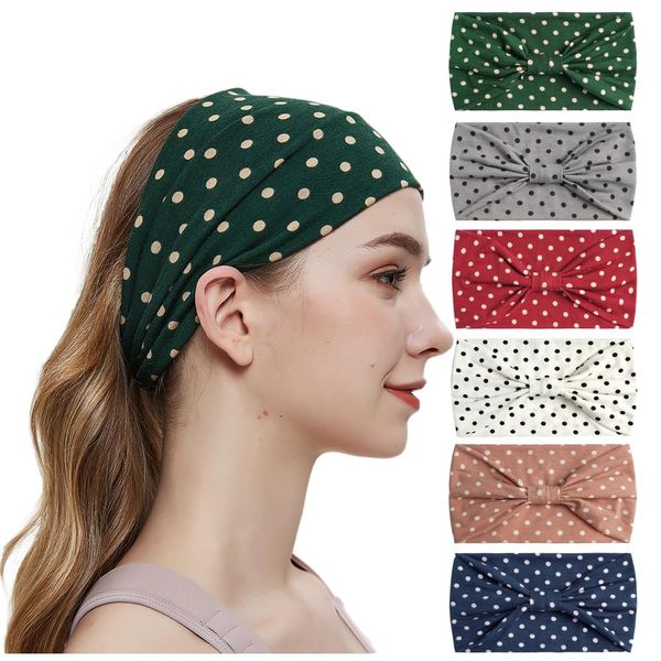 6PCS Headbands for Women Wide Boho Head Scarfs Non Slip Bandanas Hairbands Elastic Hair Accessories Knotted Turbans Head Wrap Adult (Polka)