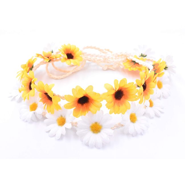 Art&Beauty 2PCS Fashion Flower Headband Sunflower Hair Wreath Festival Hair Band Bridal Headpiece (yellow+white)