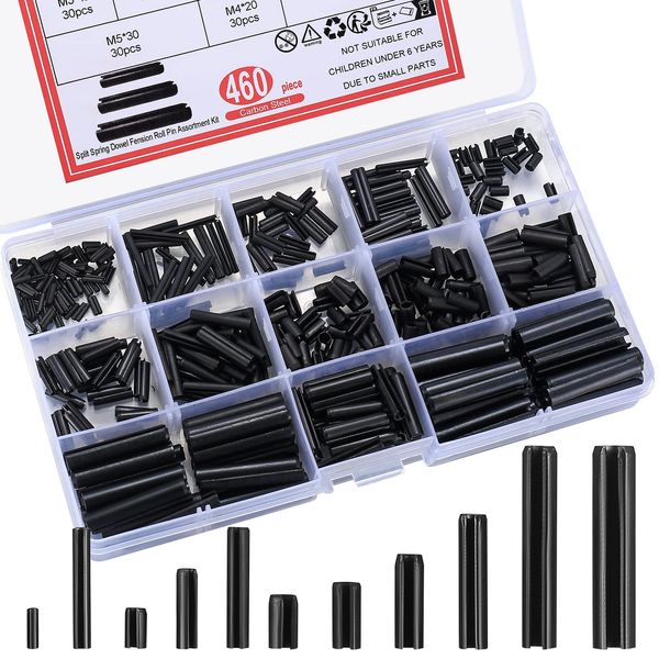 460 Pcs Roll Pin Assortment Set, Slotted Metric Spring Pins, Split Expansion Pins, Spring Dowel Tension Roll Pins, Split Expansion Spring Steel Pins Set - M1.5/M2/M2.5/M3/M4/M5/M6