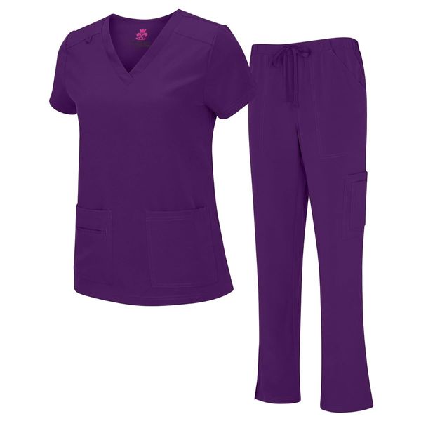 Natural Uniforms Women's Cool Stretch V-Neck Top and Cargo Pant Set (Eggplant, Medium)