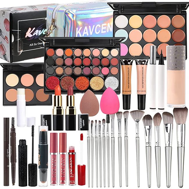 [Lime] Women's Makeup Kit Full Set Girls Youth Gift All-in-One Eyeshadow Cotton Lipstick Lip Gloss Foundation Concealer Mascara Eyebrow Pencil Eyeliner Contour Stick Powder Puff Brush Compression