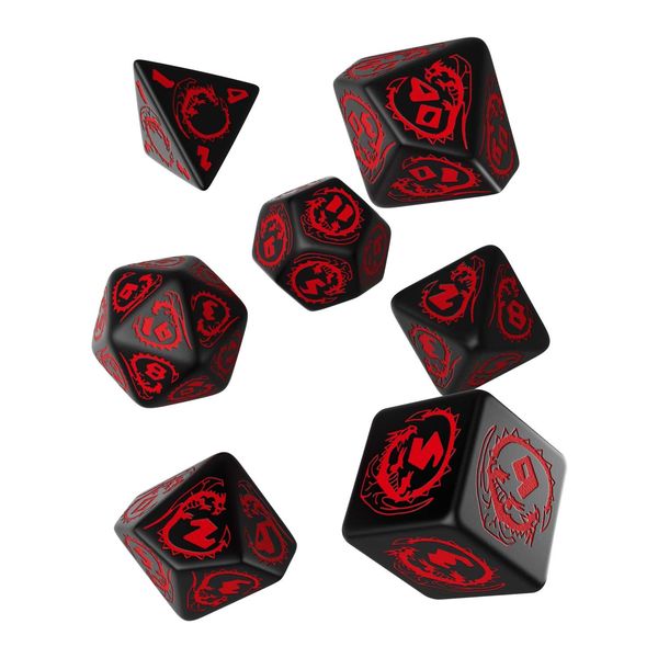Q WORKSHOP Dragon RPG Ornamented Dice Set 7 Polyhedral Pieces, Black & Red