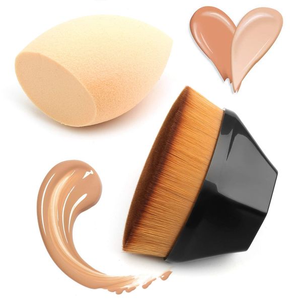 Foundation Pinsel Foundation Brush Flache Oberseite und Makeup Schwamm Blender Schminkpinsel zum Pudercreme Flüssigkeit Pulver Makellose Make-up-Bürste (schwarz)