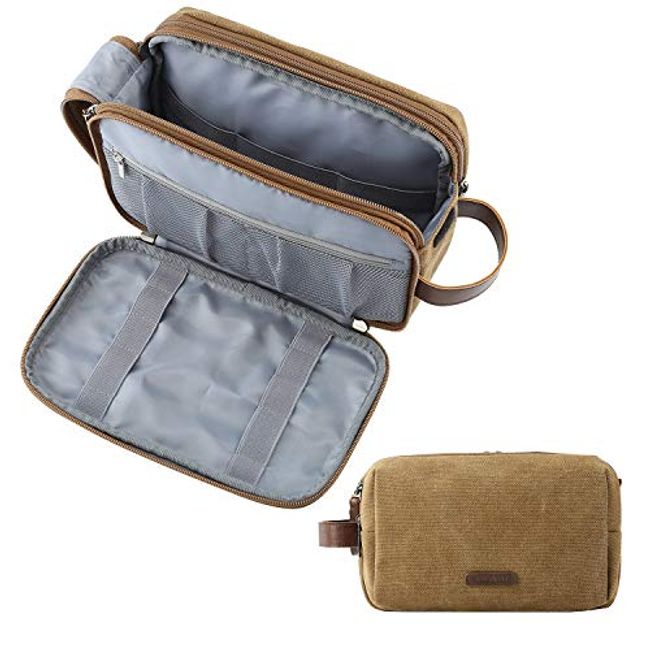 Mens Travel Toiletry Bag Canvas Leather Cosmetic Makeup Organizer Shaving  Dopp Kits with Double Compartments (Black)