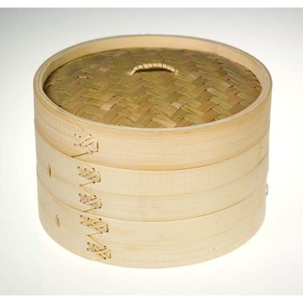 Round Bamboo Steamer - Two Layer with One Lid and Free Dim Sum Paper (6")