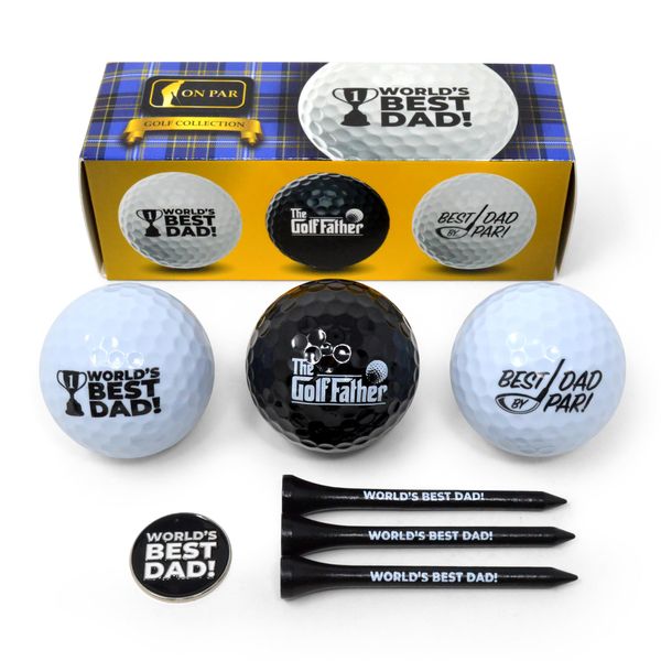 On Par Dad Golf Balls Gifts Pack - Includes Golf Tees, Ball Marker - Gag, Novelty Present - World's Best Dad, Golf Gifts for Men, Father's day gifts, Gifts for dad birthday gifts