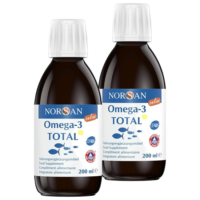 NORSAN Premium Omega 3 Fischöl Total Zitrone Online hochdosiert 2er Pack (2x 200 ml) / 2.000mg Omega 3 pro Portion/Omega 3 Öl mit EPA & DHA/Omega 3 Premium Öl mit 800 IE Vitamin D3