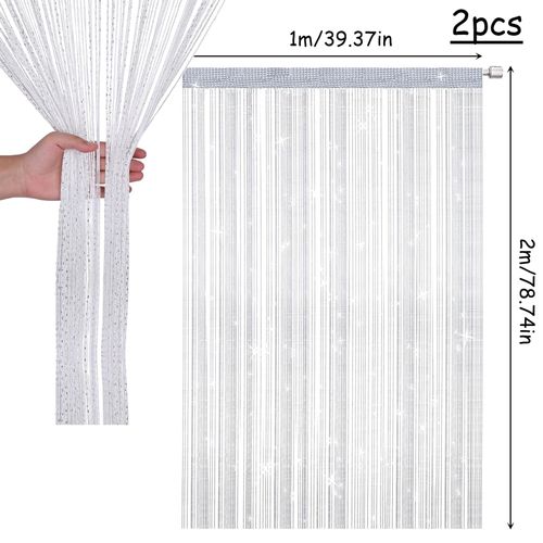 DALAETUS 2 Pcs Glitter String Curtain Panel Set, 100 x 200 CM Decorative Door Curtain, Tassel Ribbon Strip Silver Screen, Room Divider for Living Room, Bedroom, Party (White)