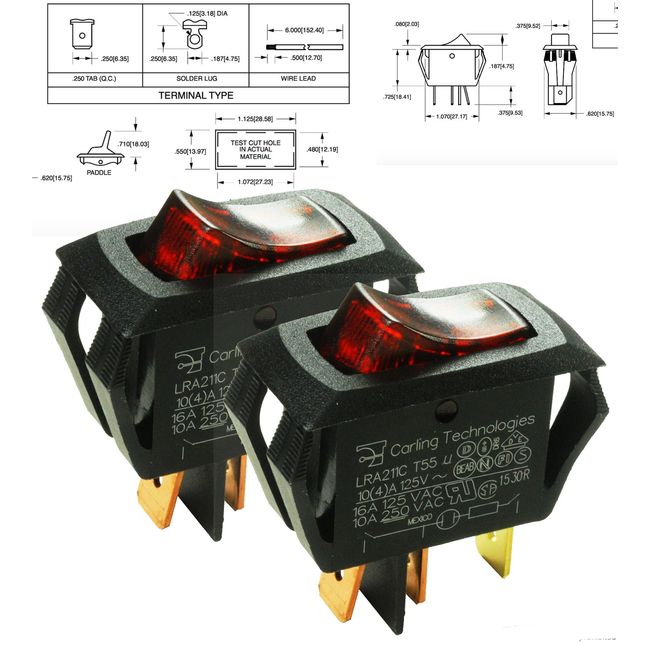 (Pair) Carling Technologies Switch Rocker Rocker SPST, 16A, 250V, RED