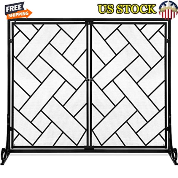 44x33in 2-Panel Handcrafted Wrought Iron Mesh Geometric Fireplace Screen Black