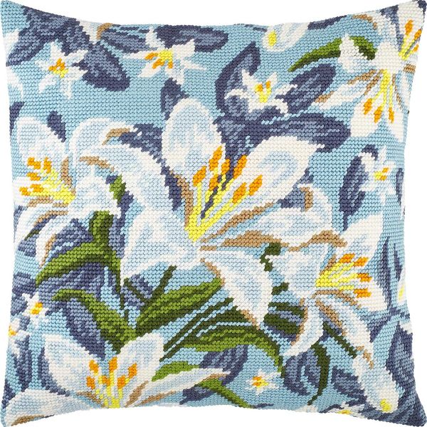 Brvsk White Lilies. Needlepoint Kit. Throw Pillow 16×16 Inches. Printed Tapestry Canvas, European Quality