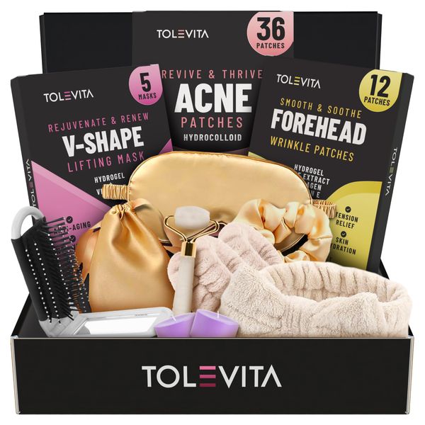 TOLEVITA Skin Care Set For Women Gift, Self Care Set and kits - V-Line Lifting Mask, Forehead Wrinkle Pacthes & Acne Patches, Face Roller, Silk Eye Mask & Spa Accessories, Christmas Gift, Birthday