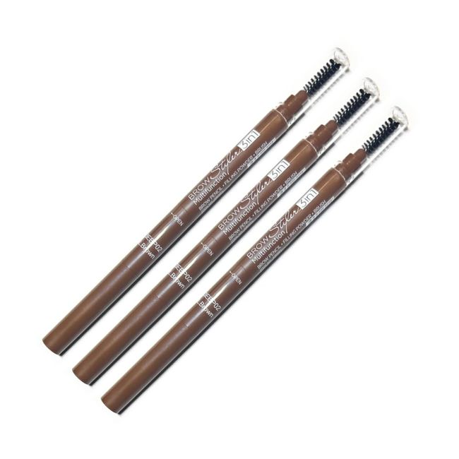 (3 pcs) Nabi 3 in 1 Eye Brow Pencil, Eyebrow Pencil with Brow Brush and Eye Brow Filling Powder (Light Brown)