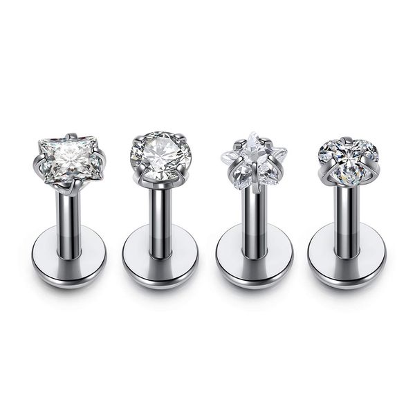 PiercingJ 2-4pcs 16g 316L Stainless Steel 3mm Cubic Zirconia Labret Monroe Lip Ring/Tragus/Helix Earring,6-12mm Bar Length