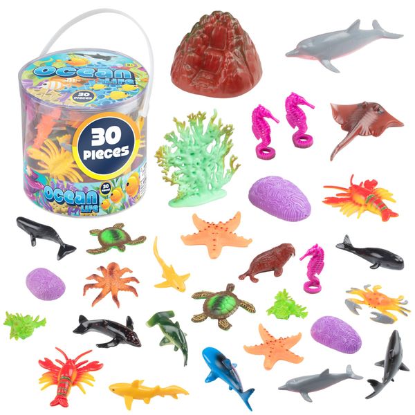 Ocean Life Sea and Animal Toy Action Figure Set - 30pc Bucket of Marine Animals Includes Turtles, Crabs, Starfishes, Seahorses, Dolphins, Coral & More - Great Bathtub Toy, Beach Toy, & Sandbox Toy