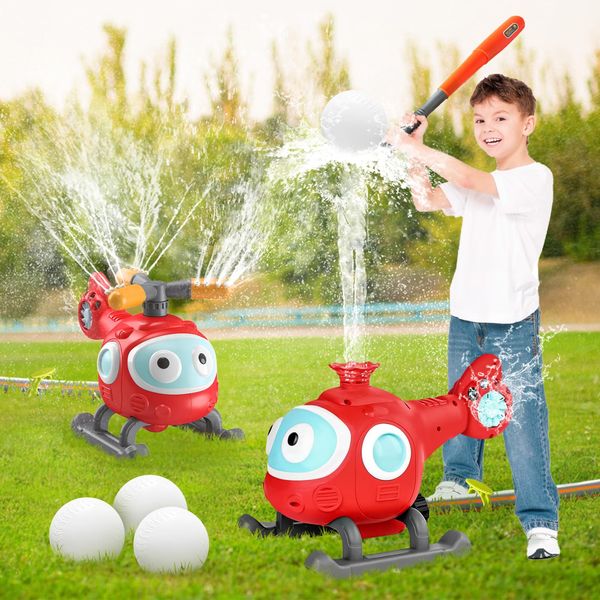 Water Sprinkler Baseball Toy for Kids: 2 in 1 Helicopter Outdoor Water Spray Toy for Boys Girls with 4 Balls - Summer Spinning Airplane Sprinkler Toy for Backyard Lawn Garden - Hose Connector Included