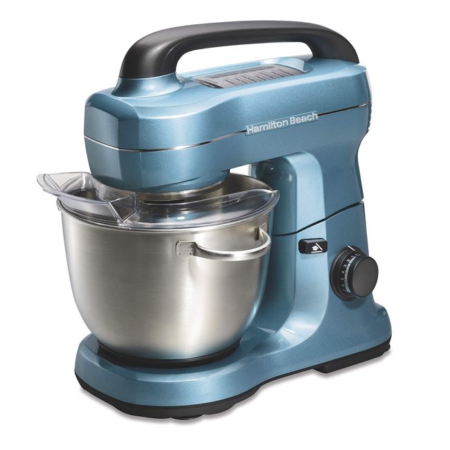 Hamilton Beach Electric Stand Mixer, 4 Quarts, Dough Hook, Flat Beater Attachments, Splash Guard 7 Speeds with Whisk, Blue