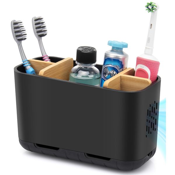 GFWARE Black Toothbrush Holder, Bamboo Toothbrush and Toothpaste Holder with Drainage, Electric Kids Matte Black Toothbrush Holders Set Organizer for Bathrooms Countertop Accessories Storage