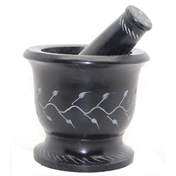 Govinda - Black Soap Stone Mortar and Pestle - Vines- 4 Inch Dia X 3.5 Inch Tall