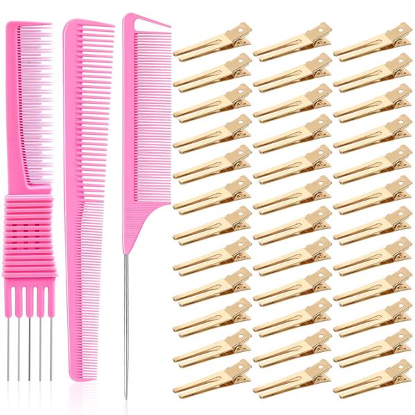 50Pcs Pin Curl Clips, IKOCO Hairdressing Double Prong Hair Clips with 3Pcs Comb Set for Setting Curls, Hair Salon or Barber, Gold