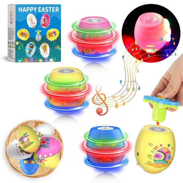 Easter Eggs Toys for Kids, 6 Pack Spinning Tops Toys, Lighting & Singing Colorful Easter Eggs, Easter Toys Party Favor Easter Basket Stuffers Toy Best Gift for Boys Girls Kids 3 4 5 6+