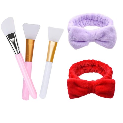 3 Pezzi Spazzole Maschera+2 Pezzi Fascia Capelli Trucco，Adatto per Lavaggio Viso, Trucco, Doccia, Terme, Massaggi ect （viola+rosso ）.