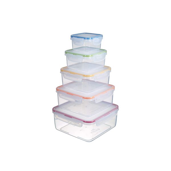 5pce container set - Square & Nestable with Col Seals 2.1lt/1.3lt/820ml/430ml/180ml