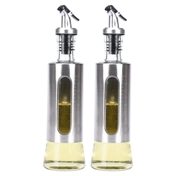 Regal Trunk | Silver Glass Oil Dispenser Set of 2-300ml Transparent Glass Bottle Organizer - Tight Seal Cap Glass for Liquids Seasoning - Stainless Steel Dispenser - Housewarming Gift for Home