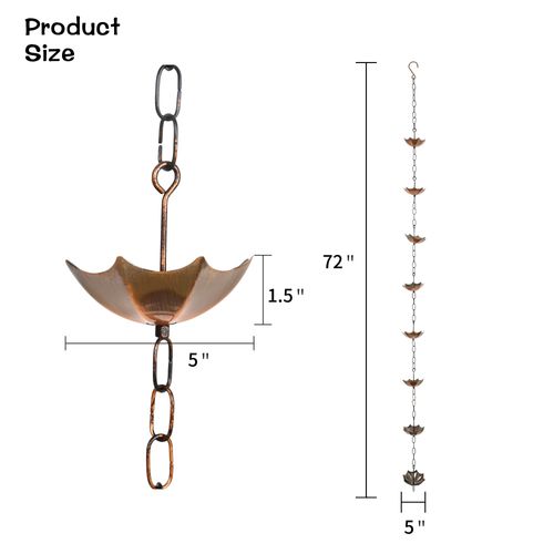 Voltogar Metal Rain Chain Decoration 6 FT., Rain Catcher Metal Chain Gutter Downspout 72'' for House Eaves, Garden & Home, Umbrella Shape Rain Chains