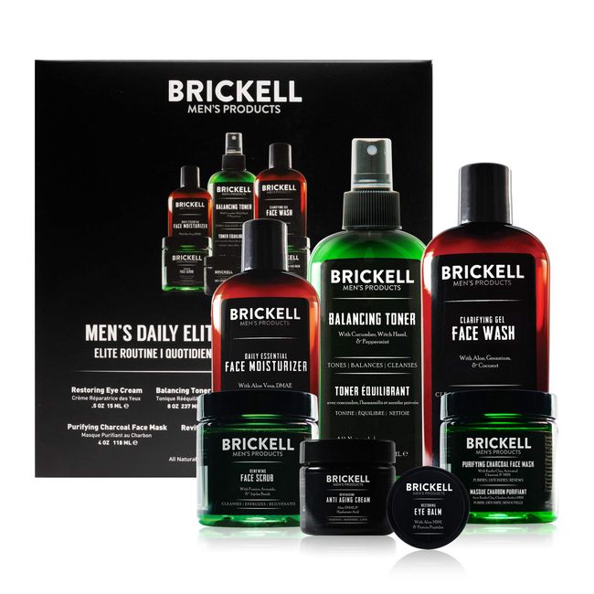 Brickell Men's Daily Elite Face Care Routine I, Toner, Gel Facial Wash, Face Scrub, Anti-Aging Night Cream, Eye Cream, Charcoal Mask and Moisturizer, Natural and Organic, Scented