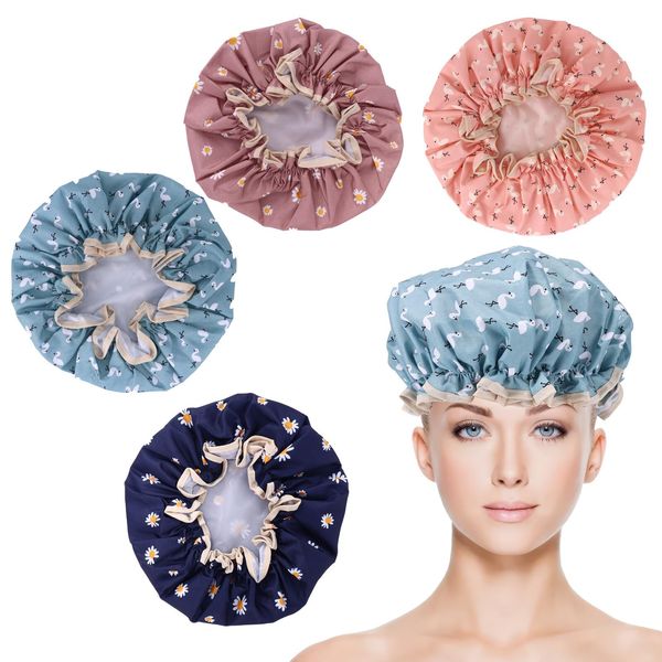 QIUWORE 4 PCS Shower Caps,Waterproof Shower Cap,Reusable Shower Cap,Elastic Shower Hat With Elastic Band,Double Layer Plastic Hair Cap,Suitable For Adults Women Men