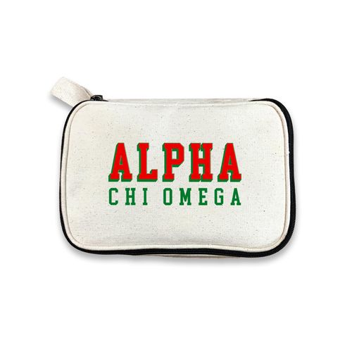 sockprints Alpha Chi Omega Sorority Makeup Bag - Canvas Cosmetic Pouch with Bold 3D Lettering - Travel Organizer or Bid Day Gift