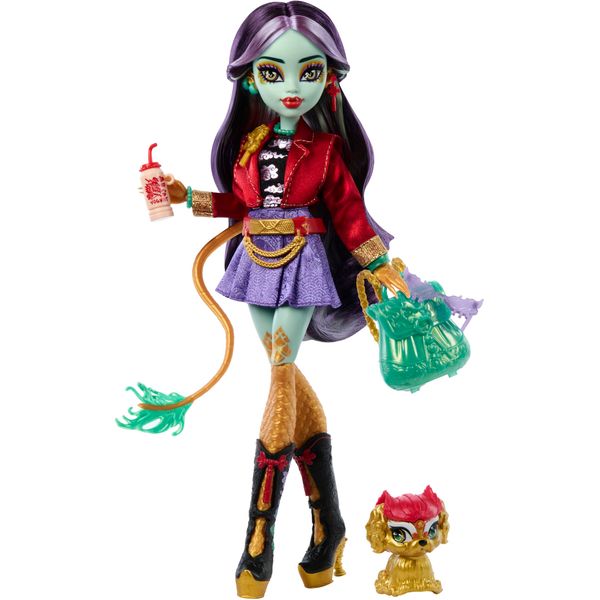 Monster High Jinafire Long Doll, Dragon with Pet Dog Cloudy “Yun Yun” and 7 Accessories Like Sketch Pad, Yogurt Drink, Backpack and More