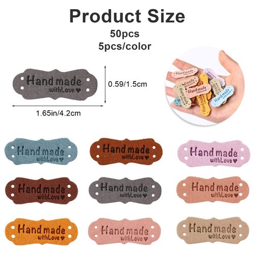 50pcs Handmade Leather Labels, Leather Tags for Handmade Items Microfiber Colorful Embossed Leather Tags Handmade with Love, Handmade Labels with Holes for Jeans Bags Shoes Hat, 10 Colors 15x42mm